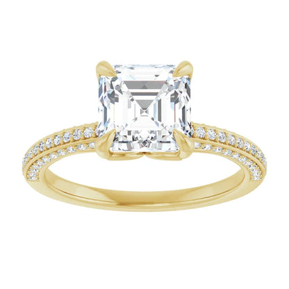 Asscher Yellow Gold Pave Moissanite Engagement Ring 