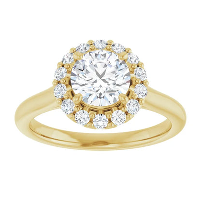 Round Brilliant Halo Solitaire Yellow Gold Moissanite Engagement Ring 