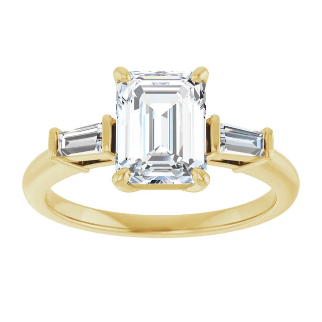 Emerald Yellow Gold Baguette Accent Moissanite Engagement Ring 
