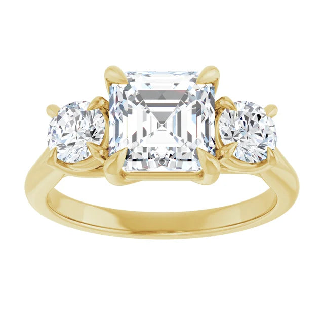 Asscher Yellow Gold Tri Stone Moissanite Engagement Ring 