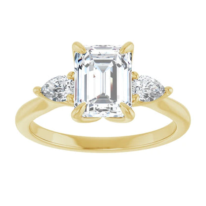 Emerald Tri -Stone Style Pear Accent Engagement Ring