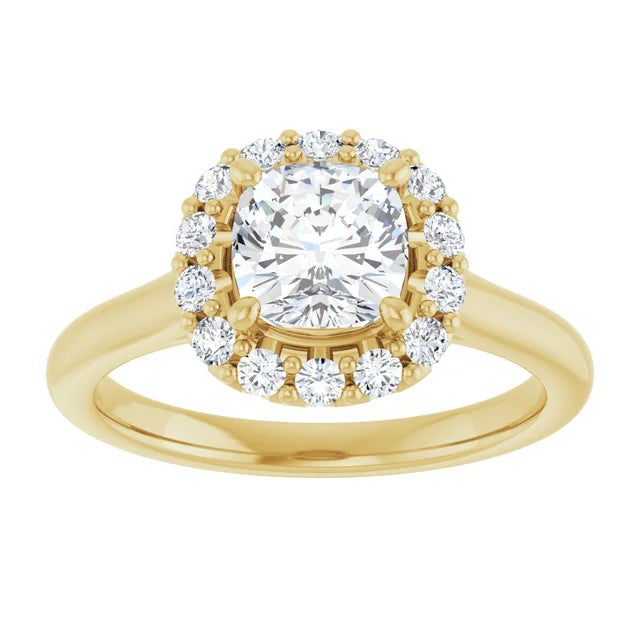 Cushion Halo Solitaire Yellow Gold Moissanite Engagement Ring 