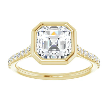 Asscher Yellow Gold Bezel Pave Moissanite Engagement Ring 