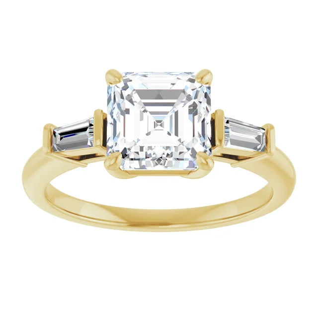 Asscher Yellow Gold Baguette Accent Moissanite Engagement Ring 