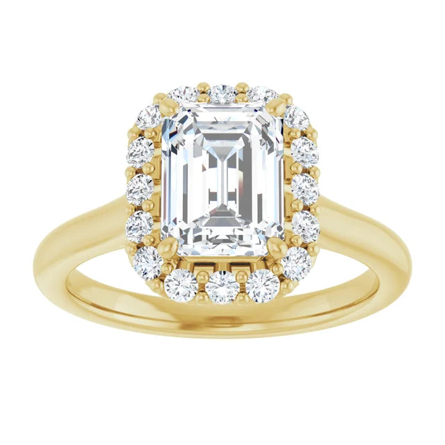 Emerald Halo Solitaire Yellow Gold Moissanite Engagement Ring 