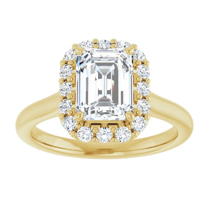 Emerald Halo Solitaire Yellow Gold Moissanite Engagement Ring 