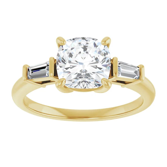 Cushion Yellow Gold Baguette Accent Moissanite Engagement Ring 