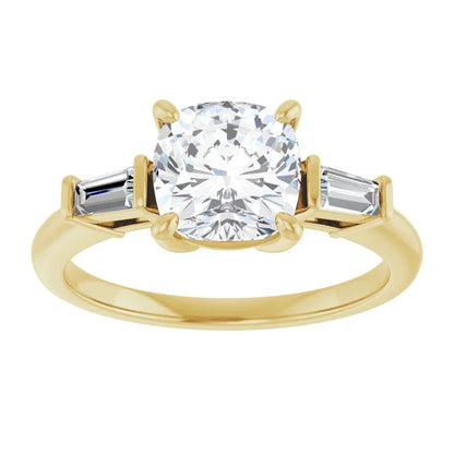 Cushion Yellow Gold Baguette Accent Moissanite Engagement Ring 