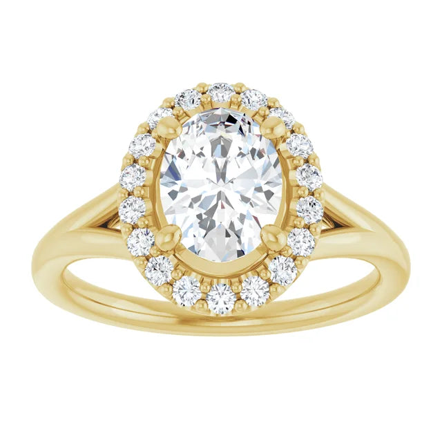Oval Yellow Gold Halo Solitaire Split Band Moissanite Engagement Ring 