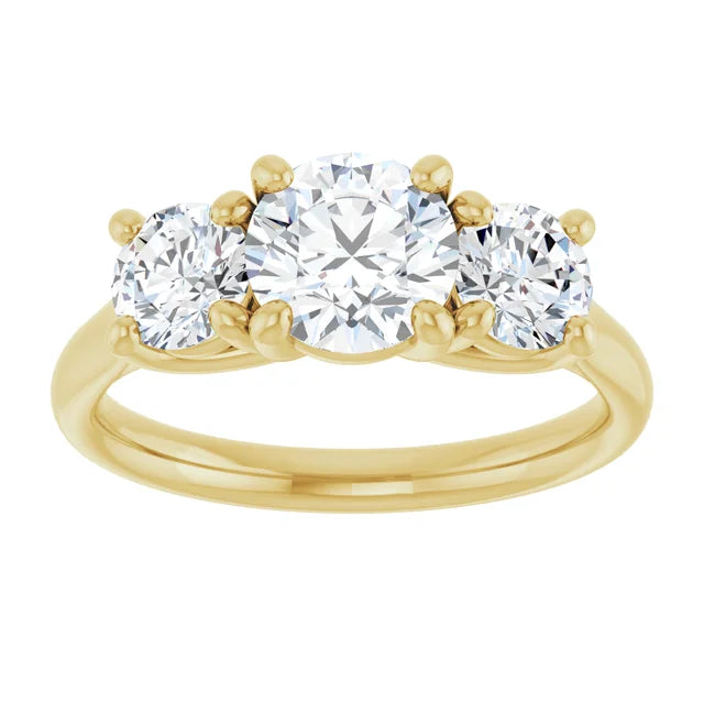 Round Brilliant Yellow Gold Tri Stone Moissanite Engagement Ring