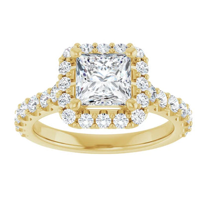 Princess Yellow Gold Halo Moissanite Engagement Ring 