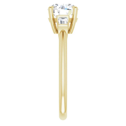 Round Brilliant Yellow Gold Baguette Accent Moissanite Engagement Ring