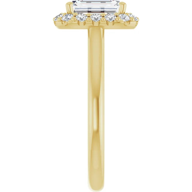 Emerald Halo Solitaire Yellow Gold Moissanite Engagement Ring 