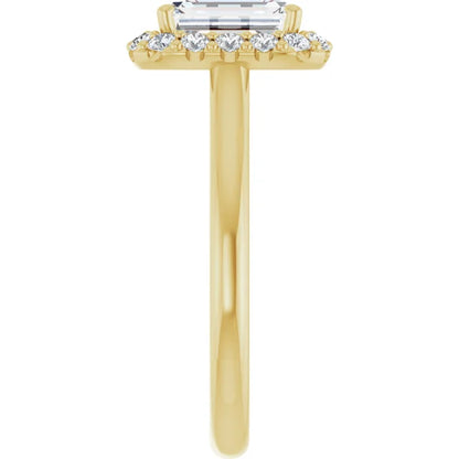 Emerald Halo Solitaire Yellow Gold Moissanite Engagement Ring 