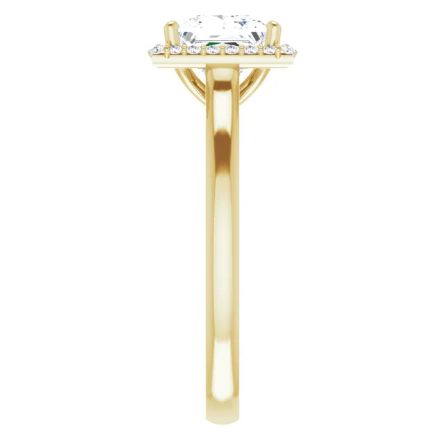 Yellow Gold Princess Halo Solitaire Engagement Ring. Moissanite  