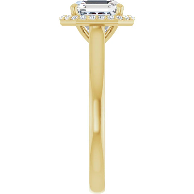 Asscher Halo Solitaire Engagement Ring Yellow Gold. Moissanite