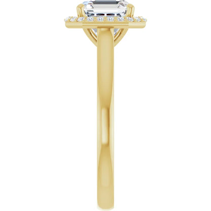 Asscher Halo Solitaire Engagement Ring Yellow Gold. Moissanite