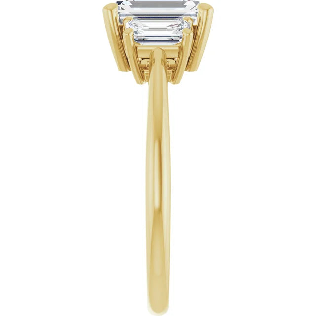 Emerald Yellow Gold Tri Stone Moissanite Engagement Ring 