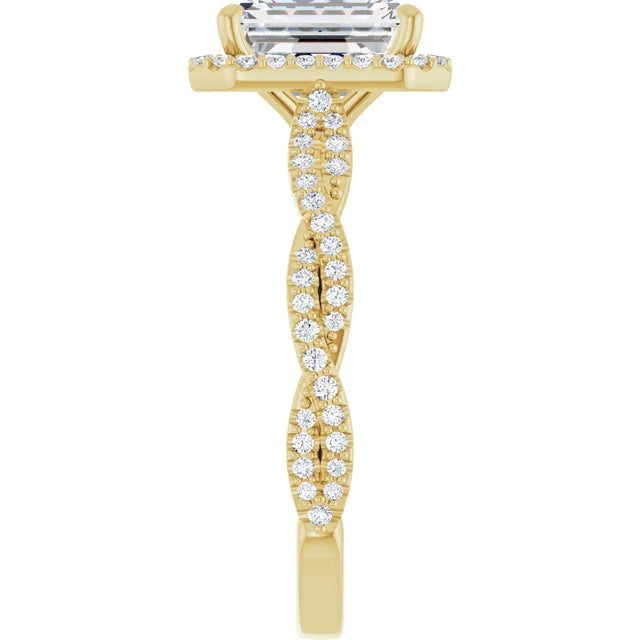 Emerald Yellow Gold Halo Twist Pave Moissanite Engagement Ring 