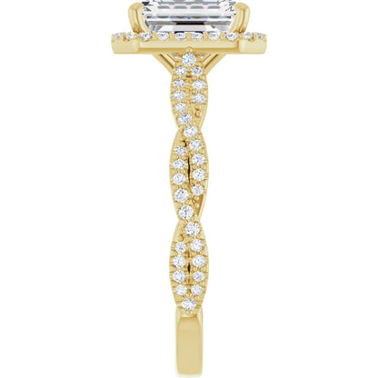 Emerald Yellow Gold Halo Twist Pave Moissanite Engagement Ring 
