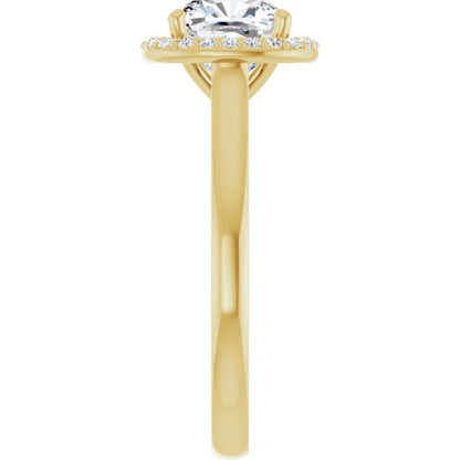 Yellow Gold Cushion Halo Solitaire Engagement Ring. Moissanite  