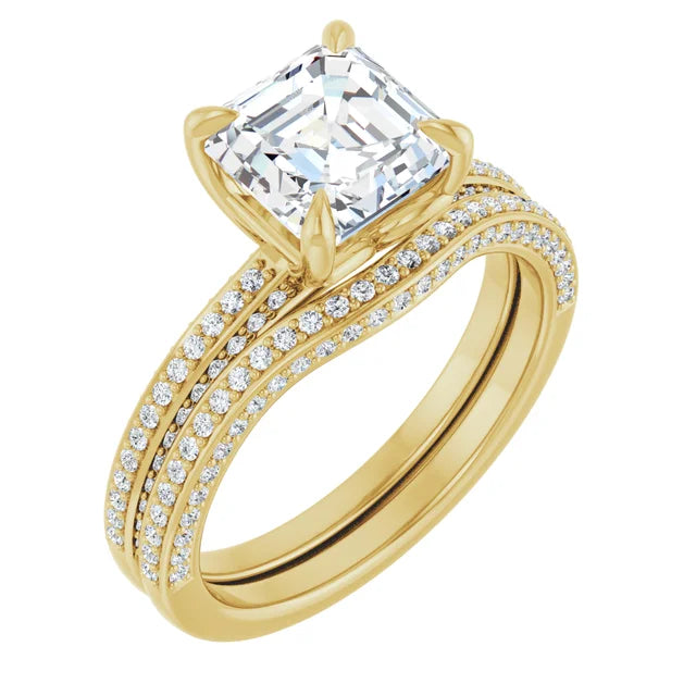Asscher Yellow Gold Pave Moissanite Engagement Ring 