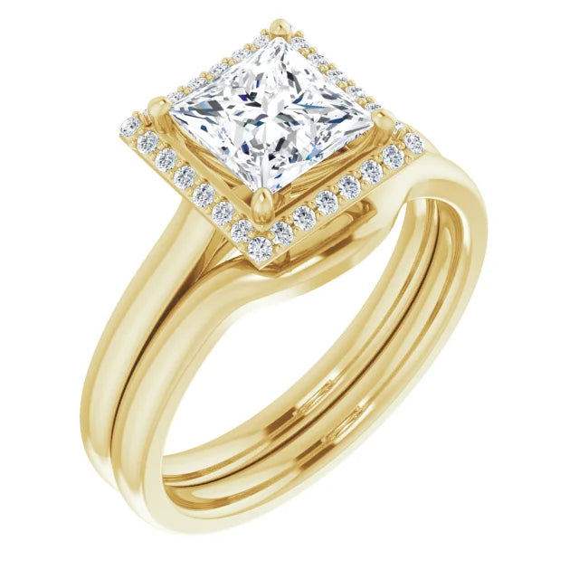 Yellow Gold Princess Halo Solitaire Engagement Ring. Moissanite  