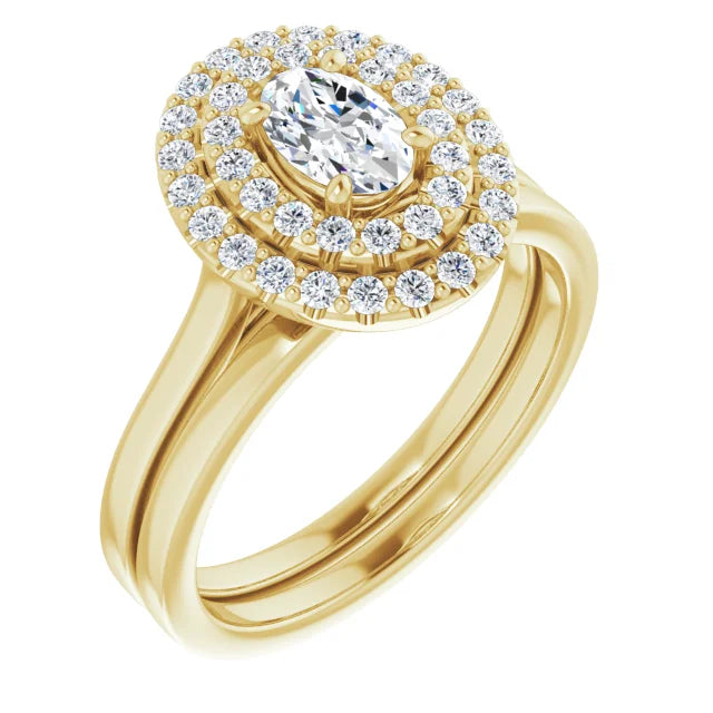 Oval Yellow Gold Double Halo Solitaire Moissanite Engagement Ring 