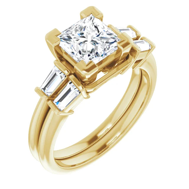 Princess Yellow Gold Baguette Accent Moissanite Engagement Ring 