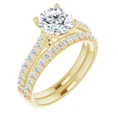 Round Brilliant Yellow Gold Pave Style Moissanite Engagement Ring 