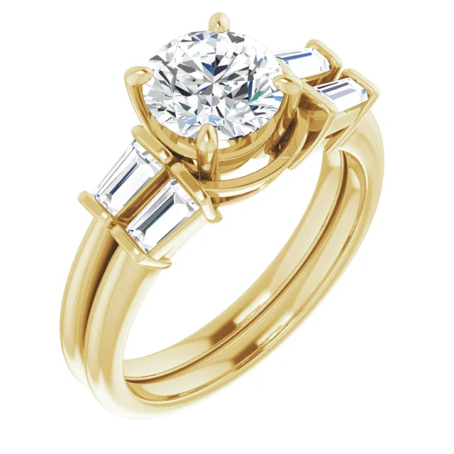 Round Brilliant Yellow Gold Baguette Accent Moissanite Engagement Ring