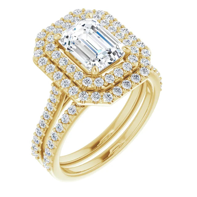 Emerald Double Halo Yellow Gold Moissanite Engagement Ring 