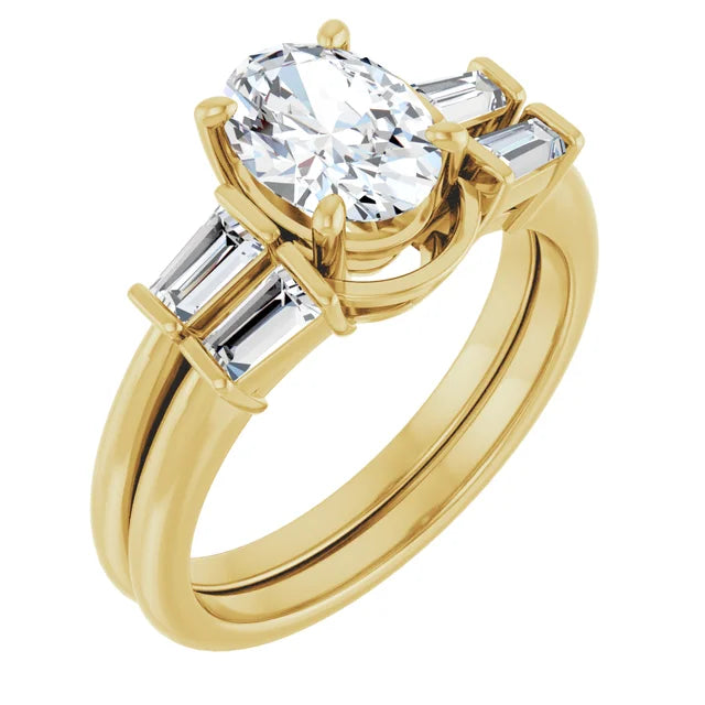 Oval Yellow Gold Baguette Accent Moissanite Engagement Ring 