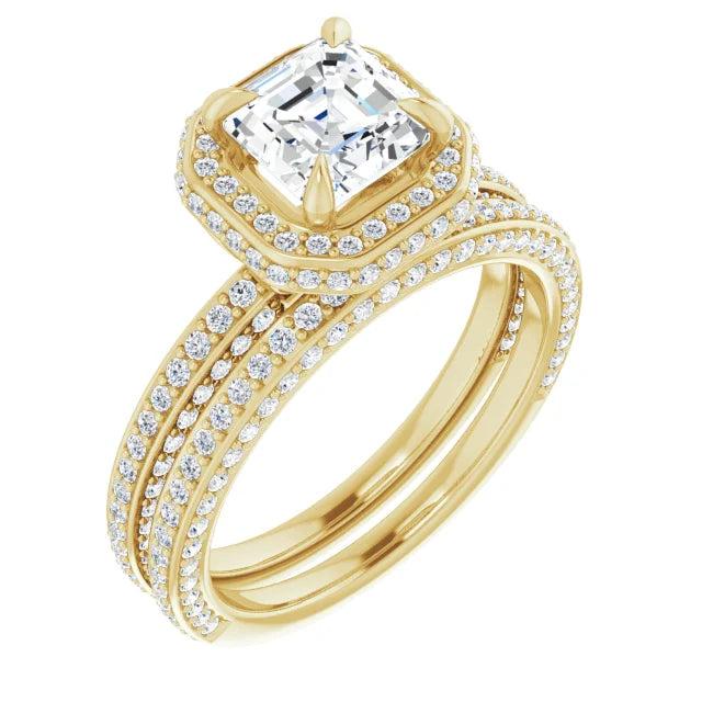Asscher Yellow Gold Halo Pave Style Moissanite Engagement Ring 