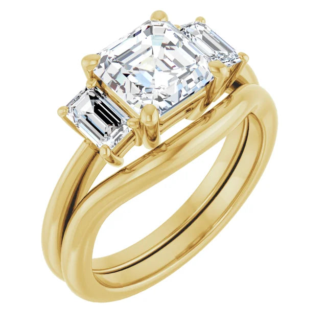 Asscher Yellow Gold Tri Stone Moissanite Engagement Ring 