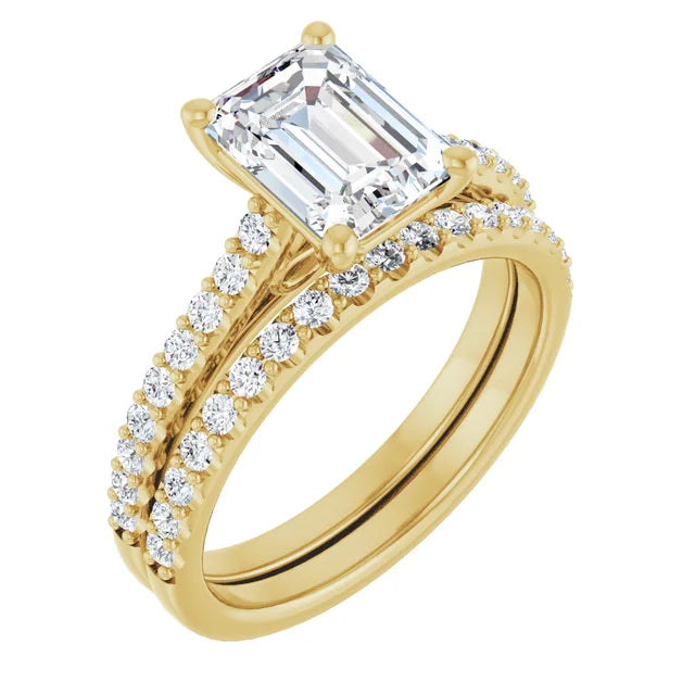 Emerald Yellow Gold Pave Style Moissanite Engagement Ring 