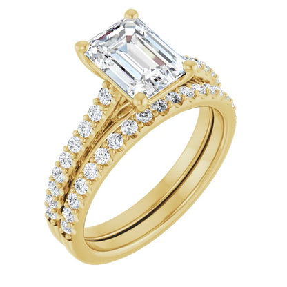 Emerald Yellow Gold Pave Style Moissanite Engagement Ring 