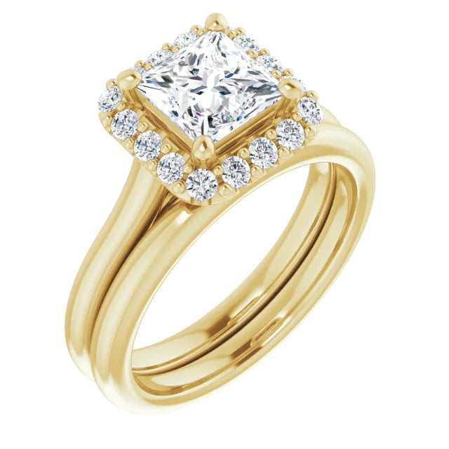 Princess Halo Solitaire Yellow Gold Moissanite Engagement Ring 