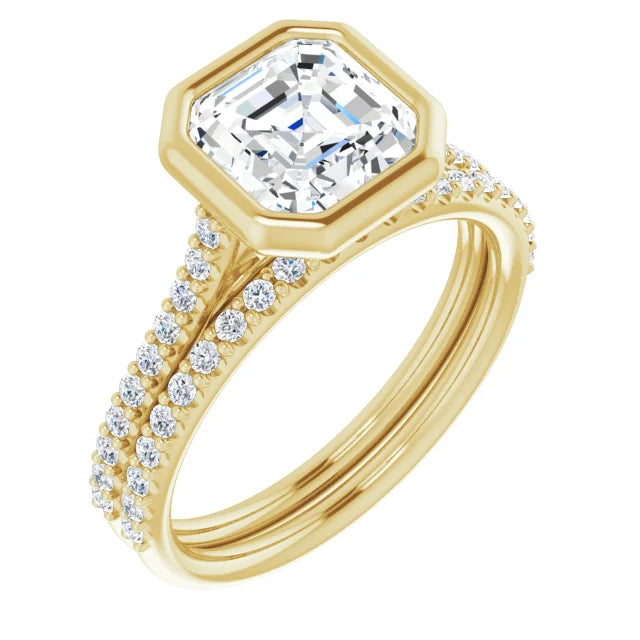 Asscher Yellow Gold Bezel Pave Moissanite Engagement Ring 