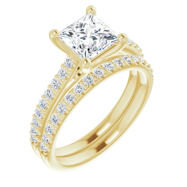 Princess Yellow Gold Pave Style Moissanite Engagement Ring 