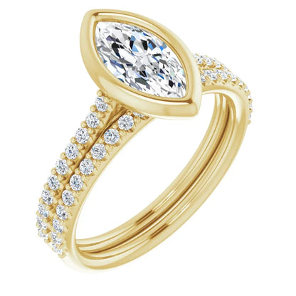 Marquise Yellow Gold Bezel Pave Moissanite Engagement Ring 