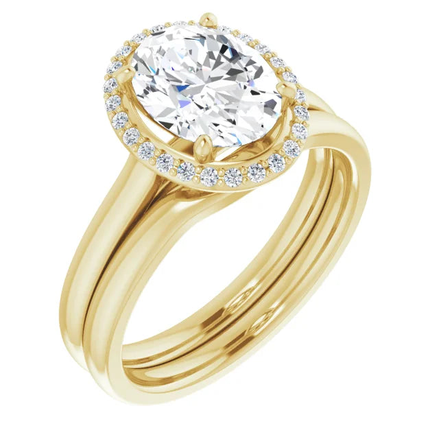 Yellow Gold Oval Halo Solitaire Engagement Ring. Moissanite  