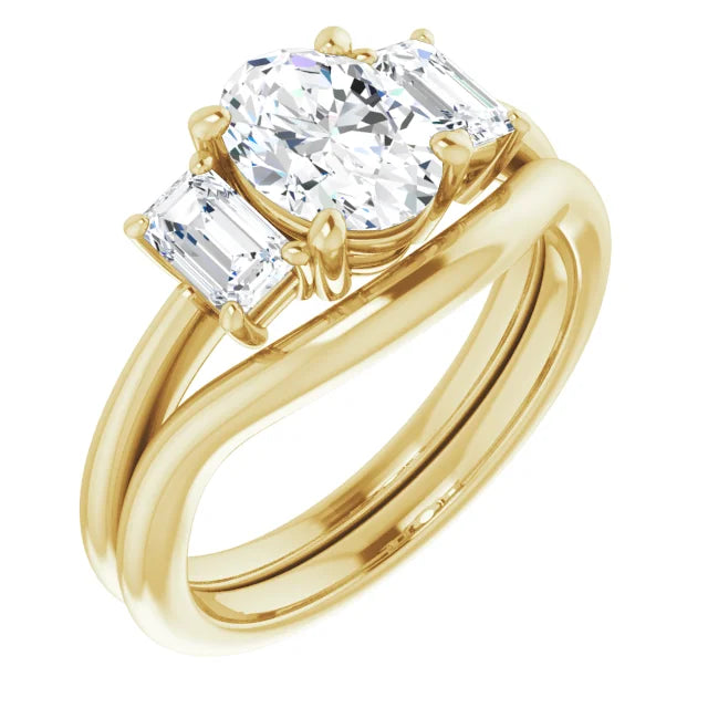 Oval Yellow Gold Tri Stone Moissanite Engagement Ring 