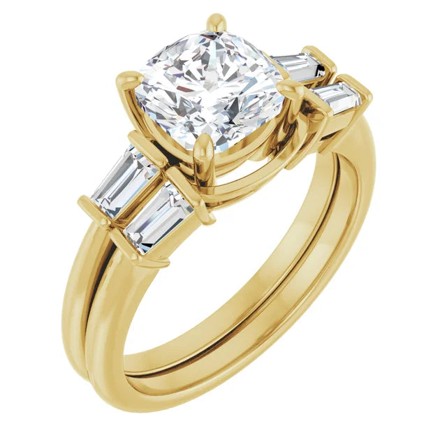 Cushion Yellow Gold Baguette Accent Moissanite Engagement Ring 