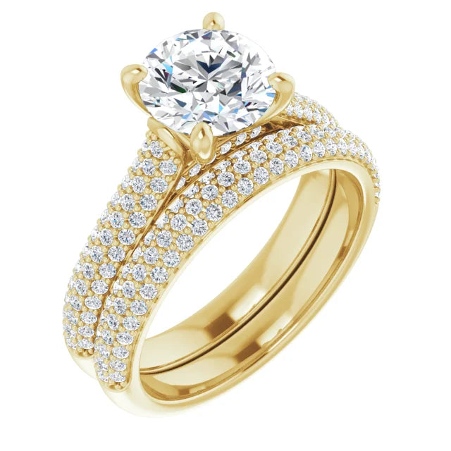 Round Brilliant Yellow Gold Pave Moissanite Engagement Ring 