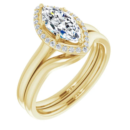 Yellow Gold Marquise Halo Solitaire Engagement Ring. Moissanite 