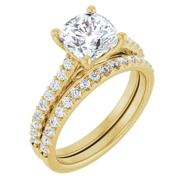Cushion Yellow Gold Pave Style Moissanite Engagement Ring 