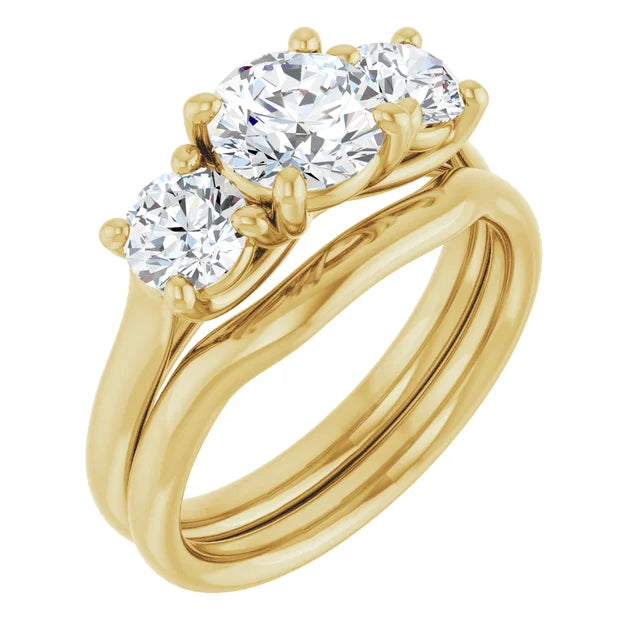 Round Brilliant Yellow Gold Tri Stone Moissanite Engagement Ring
