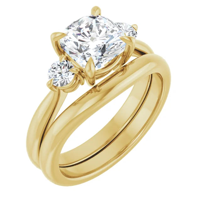 Cushion Yellow Gold Tri Stone Moissanite Engagement Ring 