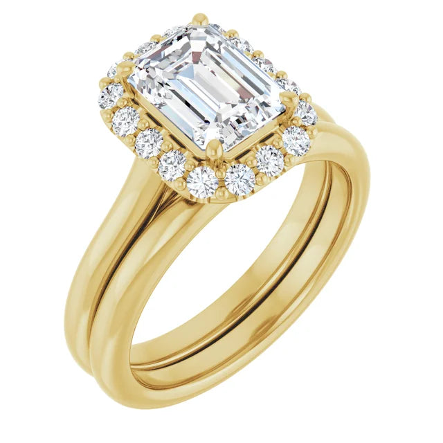 Emerald Halo Solitaire Yellow Gold Moissanite Engagement Ring 